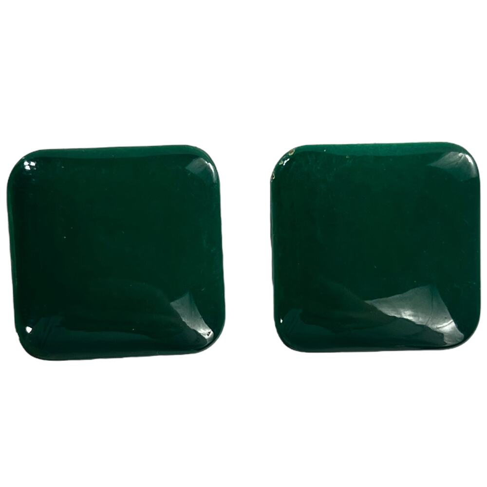 Vintage Green and Gold Tone Metal Square Clip-On Stud Button Earrings Retro 80s